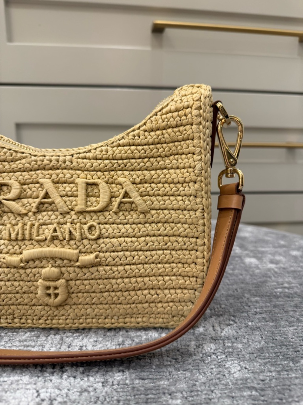 Prada Beige Woven Crochet Shoulder Bag with Brown Leather Strap - Picture 3 of 9